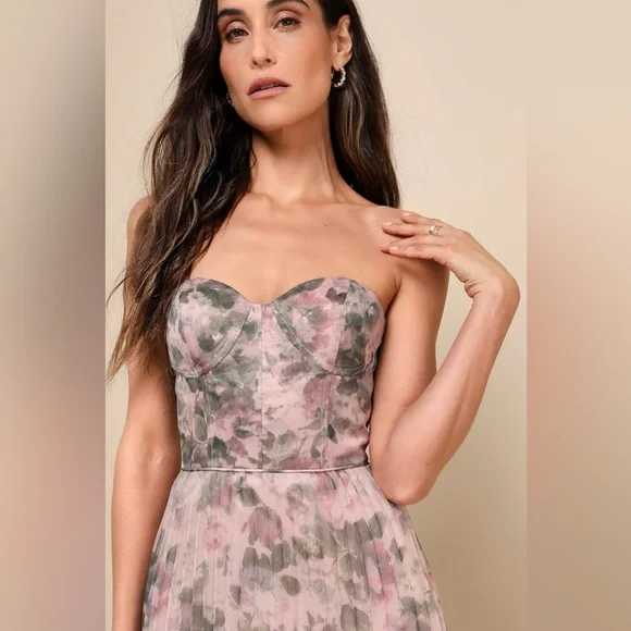 NWOT Lulus Most Beautiful Day Pink Multi Floral Print Organza Maxi Dress - Picture 4 of 10